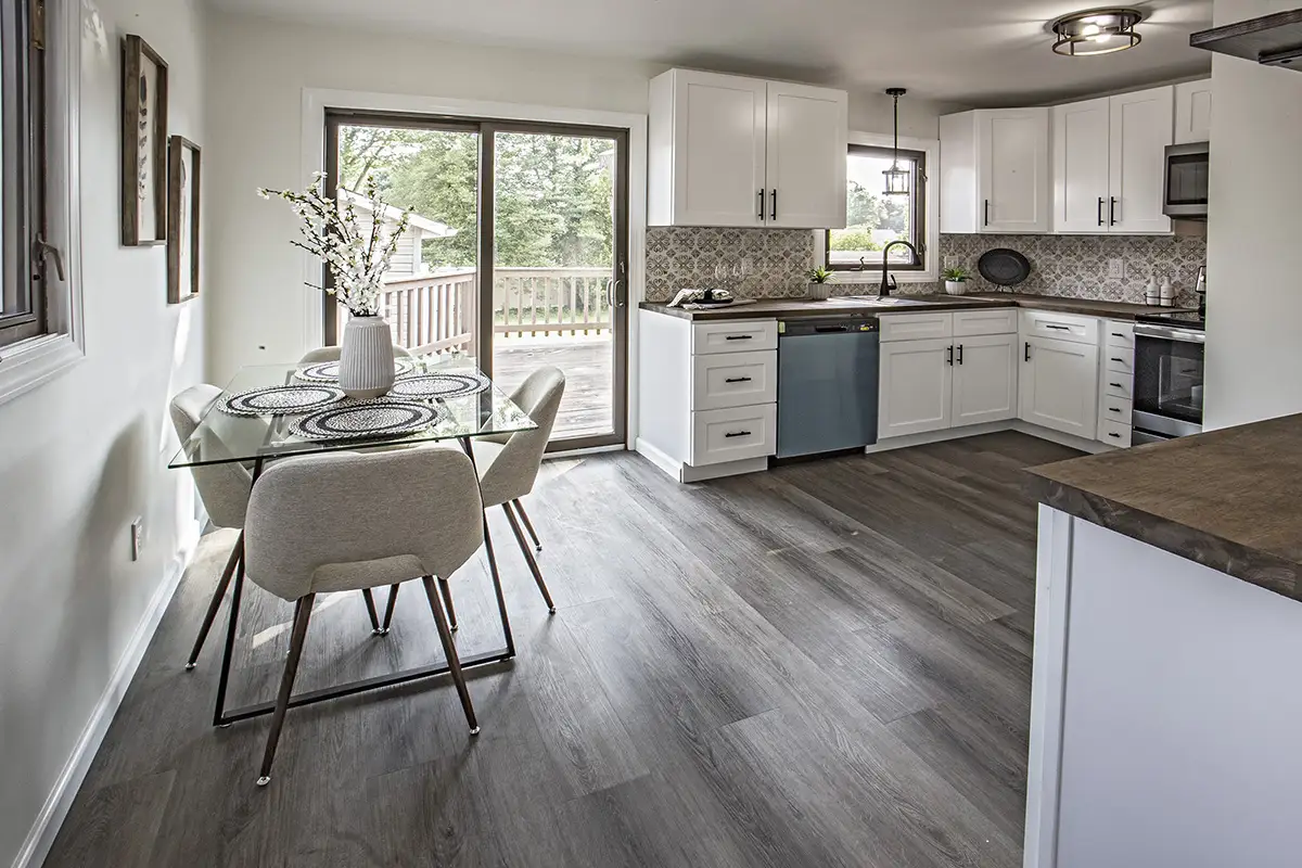 Kitchen with French doors leading to patio.
